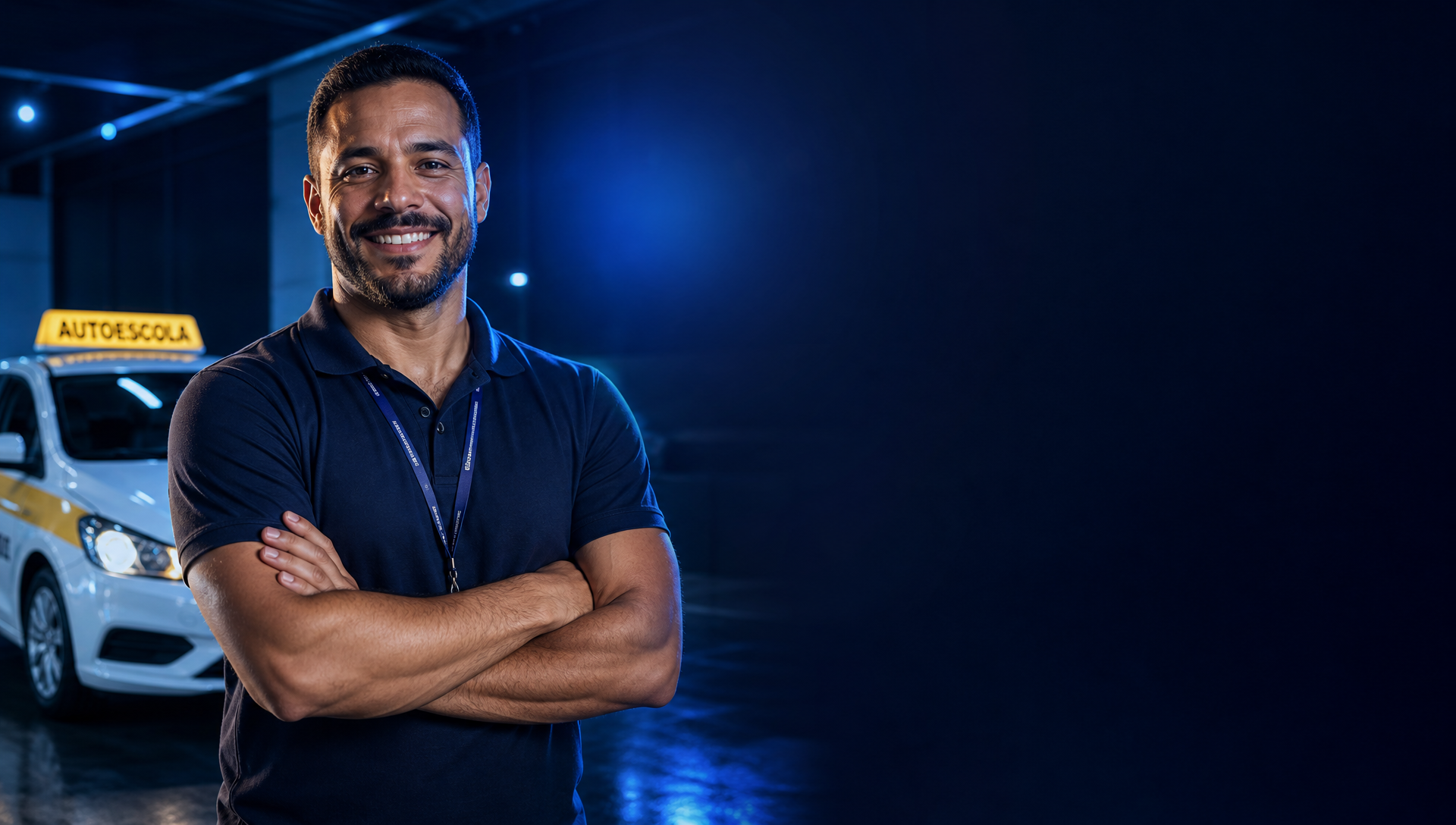 Instrutor de autoescola sorrindo, de braços cruzados, ao lado de um carro de autoescola em ambiente noturno com iluminação azul