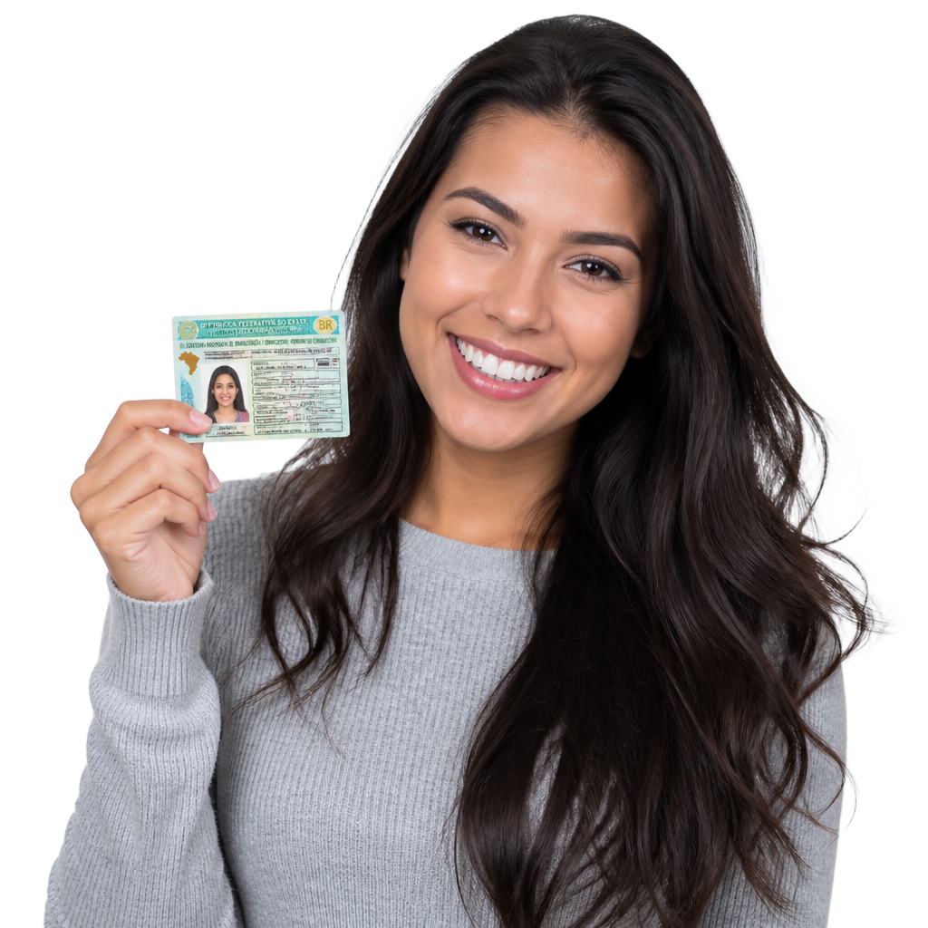 Aluna sorrindo segurando sua CNH recém-conquistada