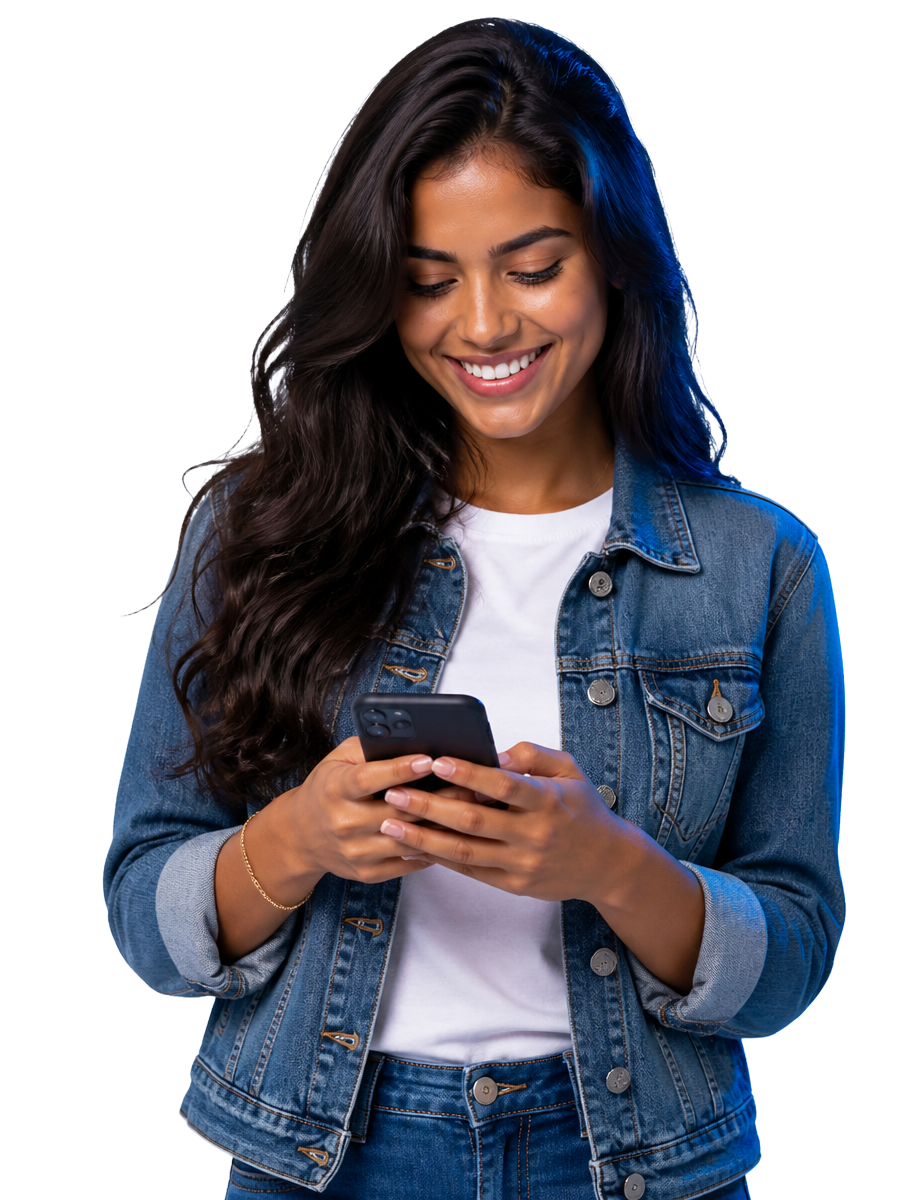 Aluna sorrindo estudando pelo celular na plataforma Instrutec