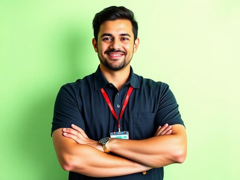 Instrutor de autoescola uniformizado com crachá