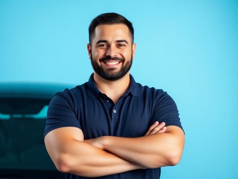 Instrutor de trânsito autônomo sorrindo de braços cruzados